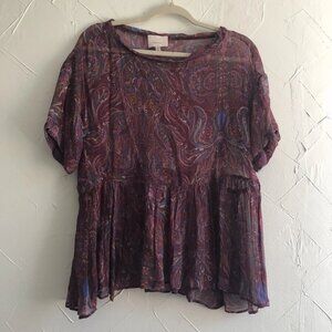 Cinq A Sept Red Blue Paisley Floral Short Sleeve Empire Waist Blouse Top M